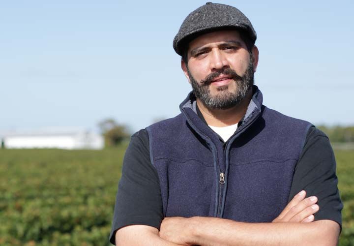 a man with his arms crossed in a wine field smiling