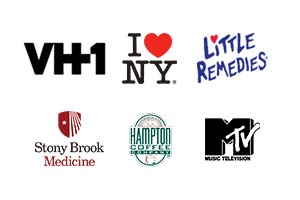 logos of clients such as VH1, I love NY, Little Remedies, Stony Brook Medicine, Hampton Coffee Company, and MTV