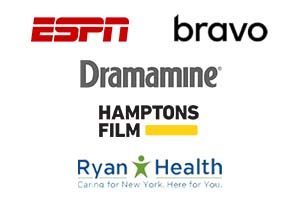 logos of clients such as ESPN, Bravo TV, Dramamine, Hamptons Film, and Ryan Health